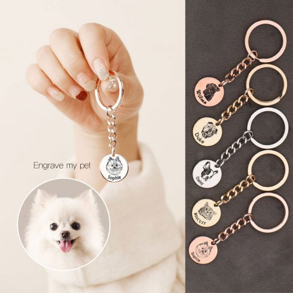 six rose gold pet portrait keychain and a dog photo