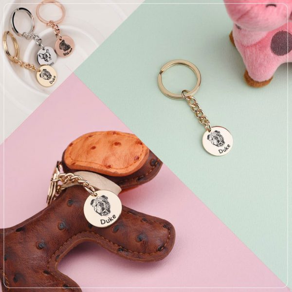 five pet portrait keychains and a dog toy