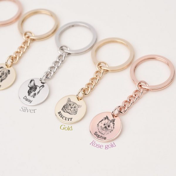 one gold, silver and rose gold pet portrait keychain