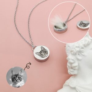 two silver pet urns necklace and one cat photo